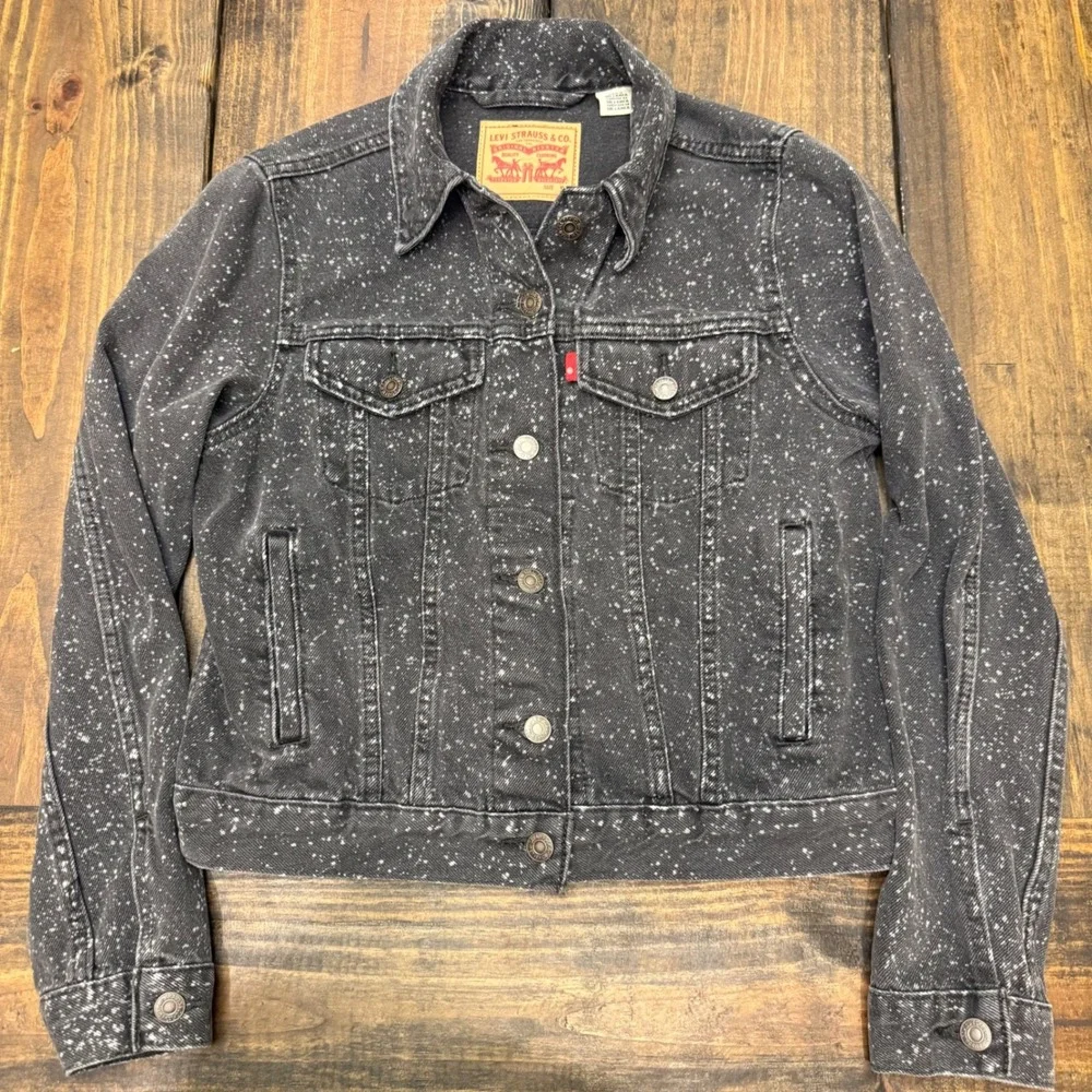 Levi Strauss Co Womens Black Speckled acid wash‎ Denim trucker Jacket Size Small